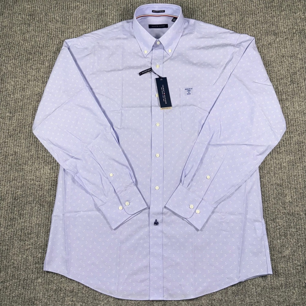 Tommy Hilfiger Mens Regular Fit Non-Iron Anchor Print Shirt Blue Large 16 34/35 - Picture 3 of 9